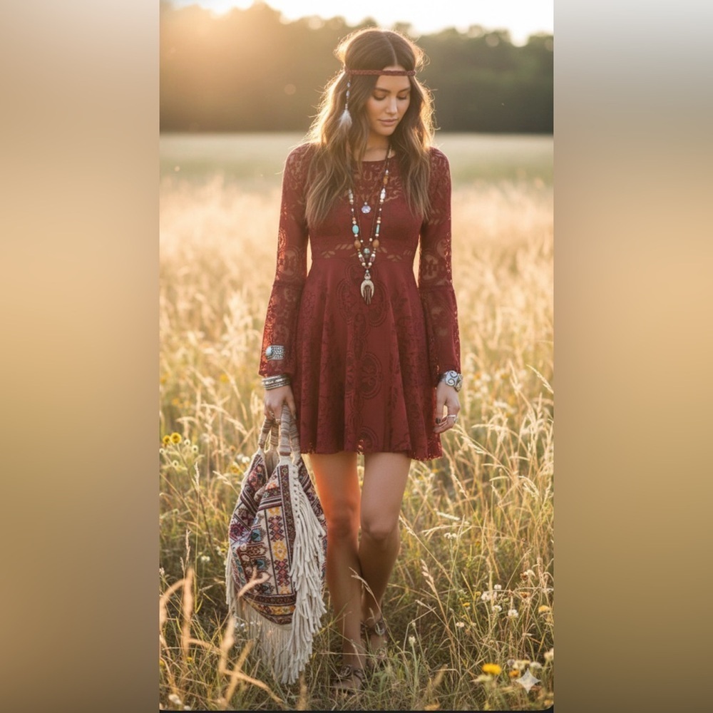 Free People Lace Lovers Folk Song Bell Sleeve Boho Dress - Size 2